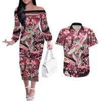 Japanese Hawaiian Crane Couples Matching Off The Shoulder Long Sleeve Dress and Hawaiian Shirt Soft Pink Tapa Patchwork Pattern LT9 Pink - Polynesian Pride
