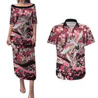 Japanese Hawaiian Crane Couples Matching Puletasi and Hawaiian Shirt Soft Pink Tapa Patchwork Pattern