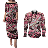 Japanese Hawaiian Crane Couples Matching Puletasi and Long Sleeve Button Shirt Soft Pink Tapa Patchwork Pattern LT9 Pink - Polynesian Pride