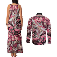 Japanese Hawaiian Crane Couples Matching Tank Maxi Dress and Long Sleeve Button Shirt Soft Pink Tapa Patchwork Pattern LT9 - Polynesian Pride