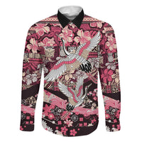 Japanese Hawaiian Crane Family Matching Off Shoulder Maxi Dress and Hawaiian Shirt Soft Pink Tapa Patchwork Pattern LT9 Dad's Shirt - Long Sleeve Pink - Polynesian Pride