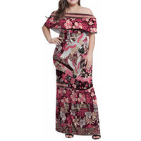 Japanese Hawaiian Crane Family Matching Off Shoulder Maxi Dress and Hawaiian Shirt Soft Pink Tapa Patchwork Pattern LT9 Mom's Dress Pink - Polynesian Pride