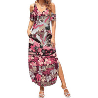 Japanese Hawaiian Crane Family Matching Summer Maxi Dress and Hawaiian Shirt Soft Pink Tapa Patchwork Pattern LT9 Mom's Dress Pink - Polynesian Pride