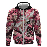 Japanese Hawaiian Crane Hoodie Soft Pink Tapa Patchwork Pattern LT9 Zip Hoodie Pink - Polynesian Pride