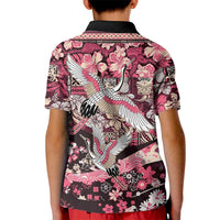 Japanese Hawaiian Crane Kid Polo Shirt Soft Pink Tapa Patchwork Pattern LT9 - Polynesian Pride