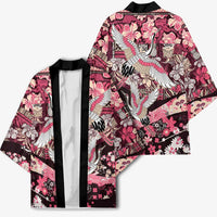 Japanese Hawaiian Crane Kimono Soft Pink Tapa Patchwork Pattern