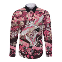 Japanese Hawaiian Crane Long Sleeve Button Shirt Soft Pink Tapa Patchwork Pattern LT9 Unisex Pink - Polynesian Pride