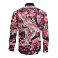 Japanese Hawaiian Crane Long Sleeve Button Shirt Soft Pink Tapa Patchwork Pattern LT9 - Polynesian Pride