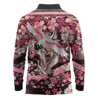 Japanese Hawaiian Crane Long Sleeve Polo Shirt Soft Pink Tapa Patchwork Pattern LT9 - Polynesian Pride