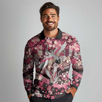 Japanese Hawaiian Crane Long Sleeve Polo Shirt Soft Pink Tapa Patchwork Pattern LT9 - Polynesian Pride