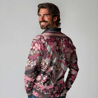Japanese Hawaiian Crane Long Sleeve Polo Shirt Soft Pink Tapa Patchwork Pattern LT9 - Polynesian Pride