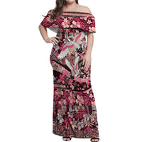 Japanese Hawaiian Crane Off Shoulder Maxi Dress Soft Pink Tapa Patchwork Pattern LT9 Women Pink - Polynesian Pride