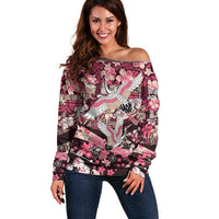 Japanese Hawaiian Crane Off Shoulder Sweater Soft Pink Tapa Patchwork Pattern LT9 Women Pink - Polynesian Pride