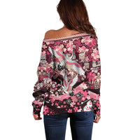 Japanese Hawaiian Crane Off Shoulder Sweater Soft Pink Tapa Patchwork Pattern LT9 - Polynesian Pride