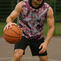 Japanese Hawaiian Crane Sleeveless Hoodie Soft Pink Tapa Patchwork Pattern LT9 - Polynesian Pride