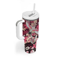 Japanese Hawaiian Crane Tumbler With Handle Soft Pink Tapa Patchwork Pattern LT9 - Polynesian Pride