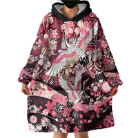 Japanese Hawaiian Crane Wearable Blanket Hoodie Soft Pink Tapa Patchwork Pattern LT9 - Polynesian Pride