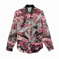 Japanese Hawaiian Crane Women Casual Shirt Soft Pink Tapa Patchwork Pattern LT9 - Polynesian Pride