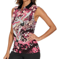 Japanese Hawaiian Crane Women Sleeveless Polo Shirt Soft Pink Tapa Patchwork Pattern LT9 - Polynesian Pride