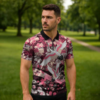 Japanese Hawaiian Crane Zipper Polo Shirt Soft Pink Tapa Patchwork Pattern LT9 - Polynesian Pride