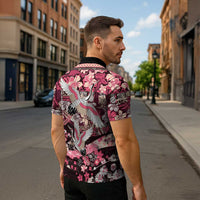 Japanese Hawaiian Crane Zipper Polo Shirt Soft Pink Tapa Patchwork Pattern LT9 - Polynesian Pride