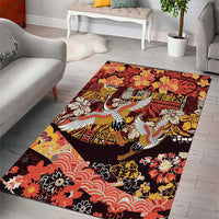 Japanese Hawaiian Crane Area Rug Yellow Ochre Tapa Patchwork Pattern