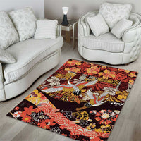 Japanese Hawaiian Crane Area Rug Yellow Ochre Tapa Patchwork Pattern