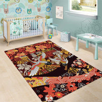 Japanese Hawaiian Crane Area Rug Yellow Ochre Tapa Patchwork Pattern