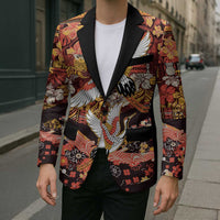 Japanese Hawaiian Crane Blazer Yellow Ochre Tapa Patchwork Pattern LT9 - Polynesian Pride