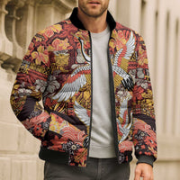 Japanese Hawaiian Crane Bomber Puffer Jacket Yellow Ochre Tapa Patchwork Pattern LT9 - Polynesian Pride