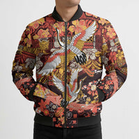 Japanese Hawaiian Crane Bomber Puffer Jacket Yellow Ochre Tapa Patchwork Pattern LT9 - Polynesian Pride