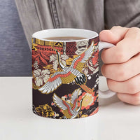 Japanese Hawaiian Crane Ceramic Mug Yellow Ochre Tapa Patchwork Pattern LT9 - Polynesian Pride