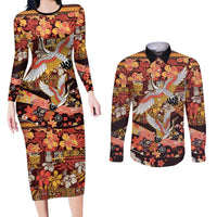 Japanese Hawaiian Crane Couples Matching Long Sleeve Bodycon Dress and Long Sleeve Button Shirt Yellow Ochre Tapa Patchwork Pattern LT9 Yellow - Polynesian Pride