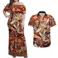 Japanese Hawaiian Crane Couples Matching Off Shoulder Maxi Dress and Hawaiian Shirt Yellow Ochre Tapa Patchwork Pattern LT9 Yellow - Polynesian Pride