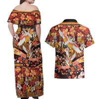 Japanese Hawaiian Crane Couples Matching Off Shoulder Maxi Dress and Hawaiian Shirt Yellow Ochre Tapa Patchwork Pattern LT9 - Polynesian Pride