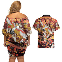 Japanese Hawaiian Crane Couples Matching Off Shoulder Short Dress and Hawaiian Shirt Yellow Ochre Tapa Patchwork Pattern LT9 - Polynesian Pride