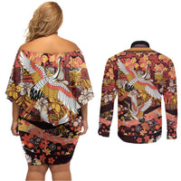 Japanese Hawaiian Crane Couples Matching Off Shoulder Short Dress and Long Sleeve Button Shirt Yellow Ochre Tapa Patchwork Pattern LT9 - Polynesian Pride