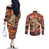 Japanese Hawaiian Crane Couples Matching Off The Shoulder Long Sleeve Dress and Long Sleeve Button Shirt Yellow Ochre Tapa Patchwork Pattern LT9 - Polynesian Pride