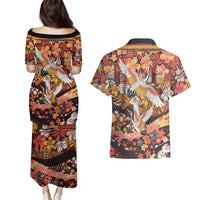 Japanese Hawaiian Crane Couples Matching Puletasi and Hawaiian Shirt Yellow Ochre Tapa Patchwork Pattern LT9 - Polynesian Pride