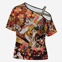 Japanese Hawaiian Crane Cross Shoulder Shirt Yellow Ochre Tapa Patchwork Pattern LT9 Female Yellow - Polynesian Pride