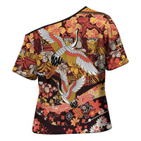 Japanese Hawaiian Crane Cross Shoulder Shirt Yellow Ochre Tapa Patchwork Pattern LT9 - Polynesian Pride