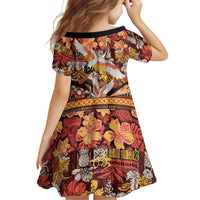 Japanese Hawaiian Crane Family Matching Long Sleeve Bodycon Dress and Hawaiian Shirt Yellow Ochre Tapa Patchwork Pattern