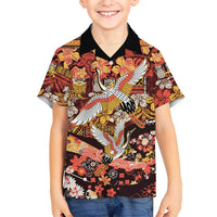 Japanese Hawaiian Crane Family Matching Long Sleeve Bodycon Dress and Hawaiian Shirt Yellow Ochre Tapa Patchwork Pattern