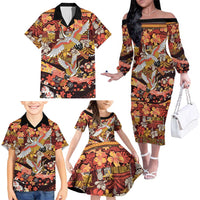 Japanese Hawaiian Crane Family Matching Off The Shoulder Long Sleeve Dress and Hawaiian Shirt Yellow Ochre Tapa Patchwork Pattern