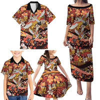 Japanese Hawaiian Crane Family Matching Puletasi and Hawaiian Shirt Yellow Ochre Tapa Patchwork Pattern LT9 - Polynesian Pride