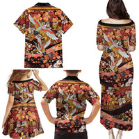 Japanese Hawaiian Crane Family Matching Puletasi and Hawaiian Shirt Yellow Ochre Tapa Patchwork Pattern LT9 - Polynesian Pride