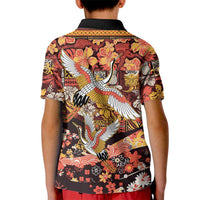 Japanese Hawaiian Crane Kid Polo Shirt Yellow Ochre Tapa Patchwork Pattern LT9 - Polynesian Pride
