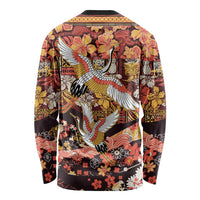 Japanese Hawaiian Crane Long Sleeve Shirt Yellow Ochre Tapa Patchwork Pattern LT9 - Polynesian Pride
