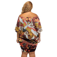 Japanese Hawaiian Crane Off Shoulder Short Dress Yellow Ochre Tapa Patchwork Pattern LT9 - Polynesian Pride
