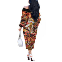 Japanese Hawaiian Crane Off The Shoulder Long Sleeve Dress Yellow Ochre Tapa Patchwork Pattern LT9 - Polynesian Pride